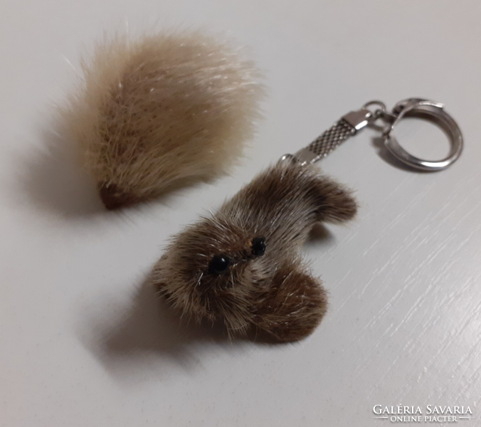 Retro seal key ring made of real fur and a hedgehog brooch in one
