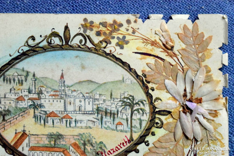 Antik  kézzel festett lap Názáret - ereklye kő az Angyali Üdvözlet Bazilikából + préselt virágok