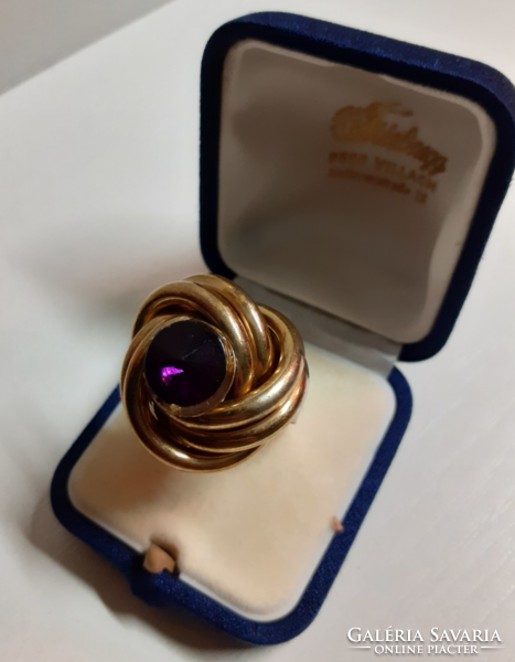 Nice condition gold and silver colored steel big head fashion ring set with purple stone