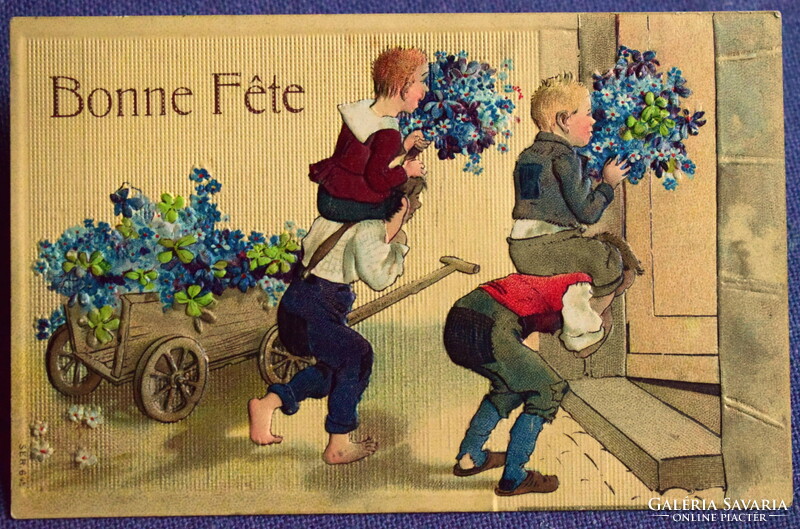 Antique embossed greeting card - happy little boys forget-me-not 4-leaf clover wheelbarrow