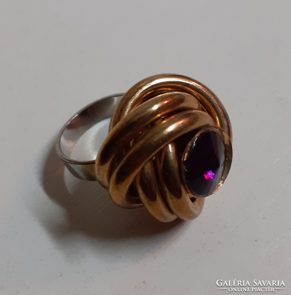 Nice condition gold and silver colored steel big head fashion ring set with purple stone