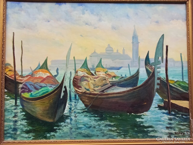 Velence festmèny olaj-vàszon Szent Màrk tèri gondolàk  60 x 80 cm