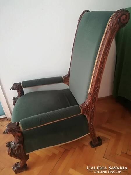 Neo-Renaissance armchair with extra high back, slatted legs, wood carving, renovated