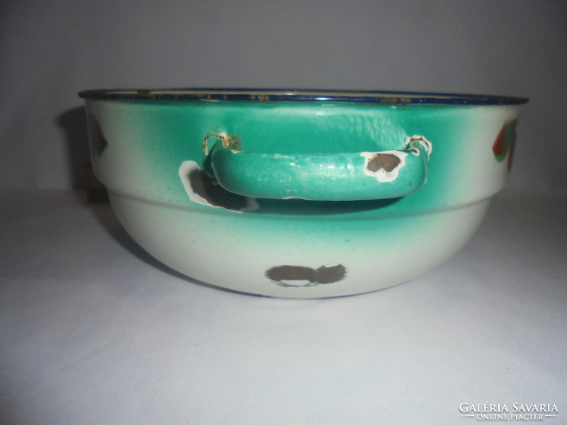 Old, cherry-patterned enamel bowl with a foot - for folk decoration - 