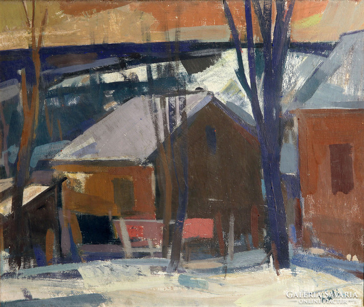 László Kalló (1925-2018) winter landscape 1965. 50X60cm | miskolc street village sun landscape