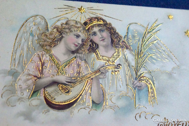 Antik arannyal préselt Karácsonyi üdvözlő képeslap - zenélő angyalok  1905ből