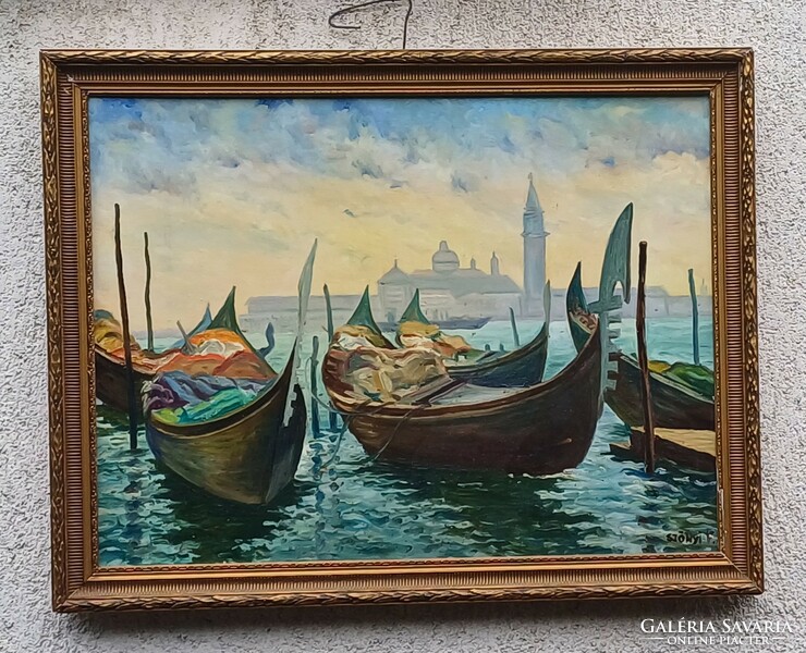 Venetian painting, oil on canvas, Saint Mark's Gondolas, 60 x 80 cm