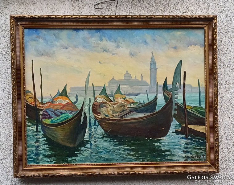Venetian painting, oil on canvas, Saint Mark's Gondolas, 60 x 80 cm