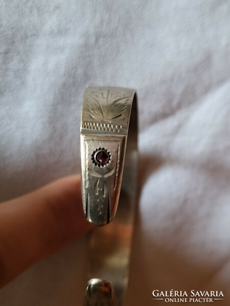 Russian (Soviet) 875 engraved, handcrafted silver bracelet, bracelet decorated with garnet (2 pieces) stones