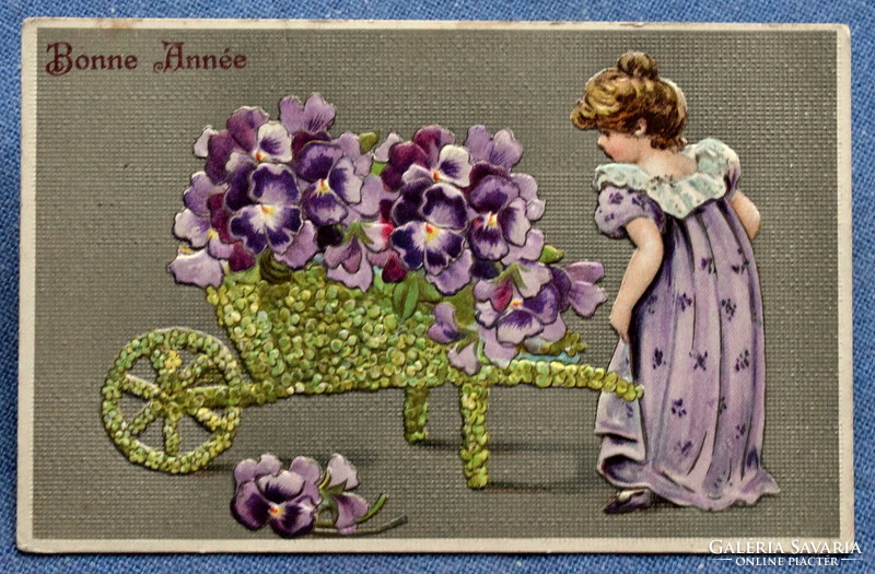 Antique embossed New Year greeting card - little girl 4-leaf clover wheelbarrow pansy from 1907