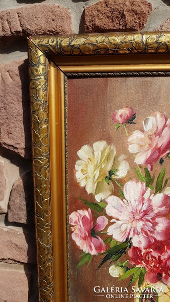 Murin Vilmos: Pünkösdi rózsa, olaj, farost, falc 55x75 cm, elit képkeret. Csendélet, festmény