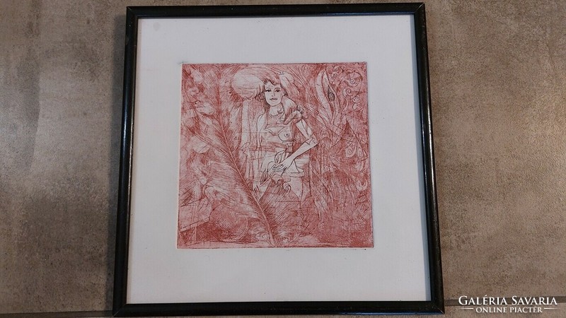 (K) abstract etching with female figure 24x24 cm frame