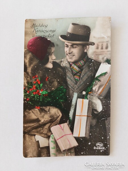 Old postcard Christmas photo postcard couple in love