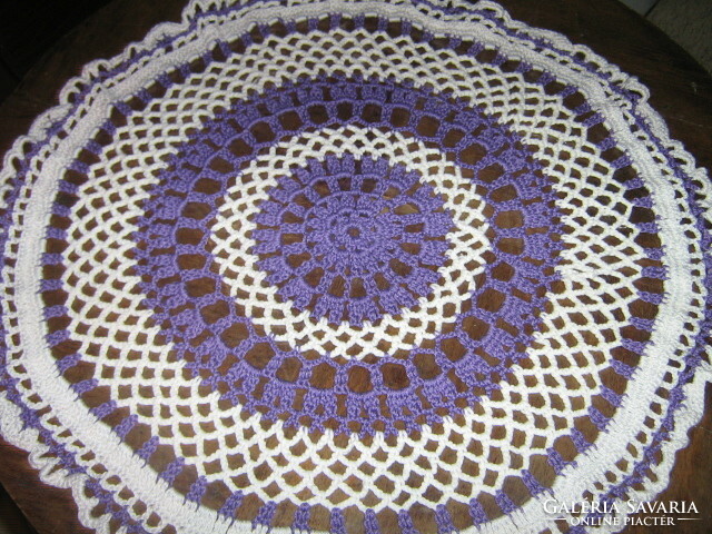 Beautiful white-purple handmade crochet round tablecloth