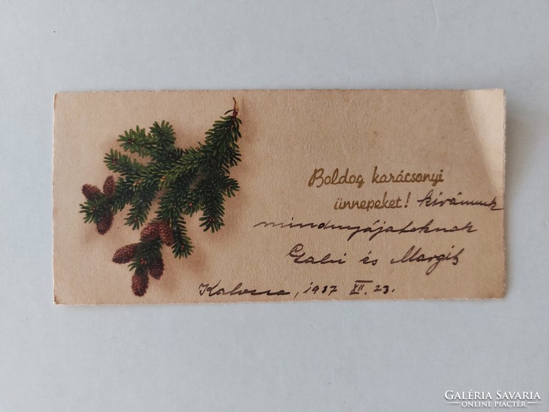 Régi mini képeslap 1937 karácsonyi üdvözlőkártya fenyőág toboz