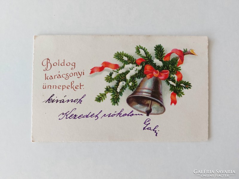 Régi mini képeslap 1936 karácsonyi üdvözlőkártya fenyőág harang
