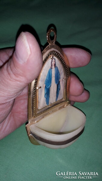 Antique mini metal plate / vinyl holy water container with the image of the Holy Mother according to the pictures