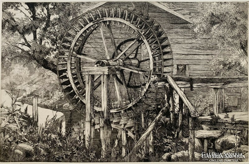 Copper engraving of Csaba Rékassy (1937-1989) entitled Watermill (around 1970) / 25x39 cm /