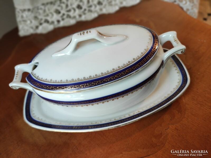 Beautiful Czechoslovak two-handled porcelain sauce bowl decorated with a golden royal blue border