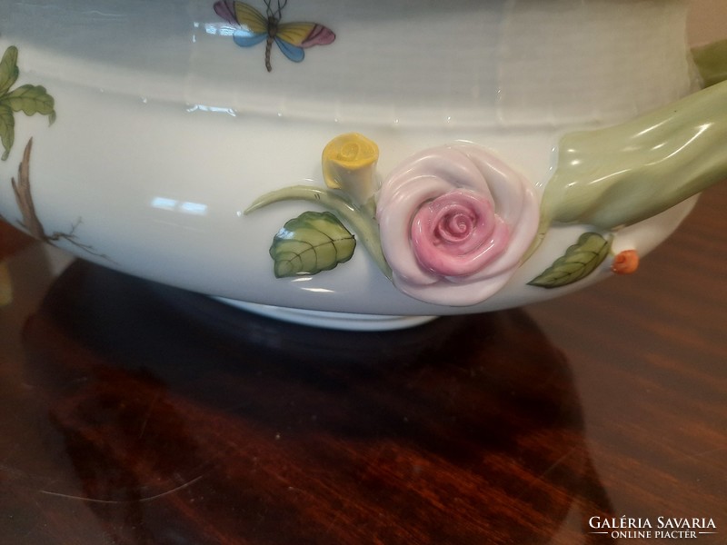 12 személyes Herendi porcelán Rothschild mintás madár fogós leveses tál