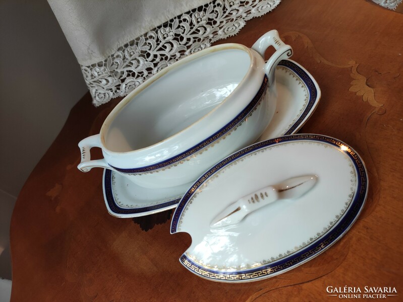 Beautiful Czechoslovak two-handled porcelain sauce bowl decorated with a golden royal blue border