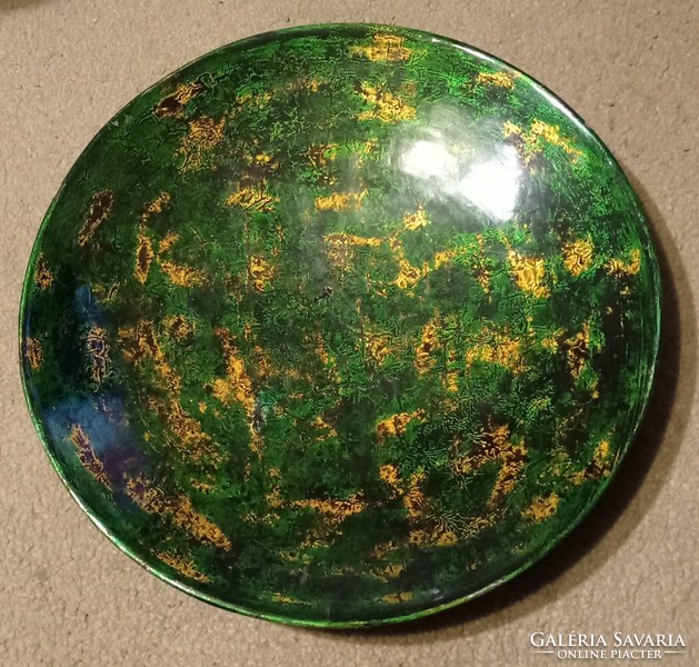Dekoratív zöld-arany mintás lakkozott fa tál  - 34,5 cm