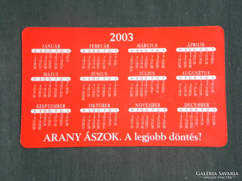 Kártyanaptár, Arany Ászok sör,Dreher sörgyár,labdarúgó válogatott, Böőr Zoltán kéznyomat, 2003