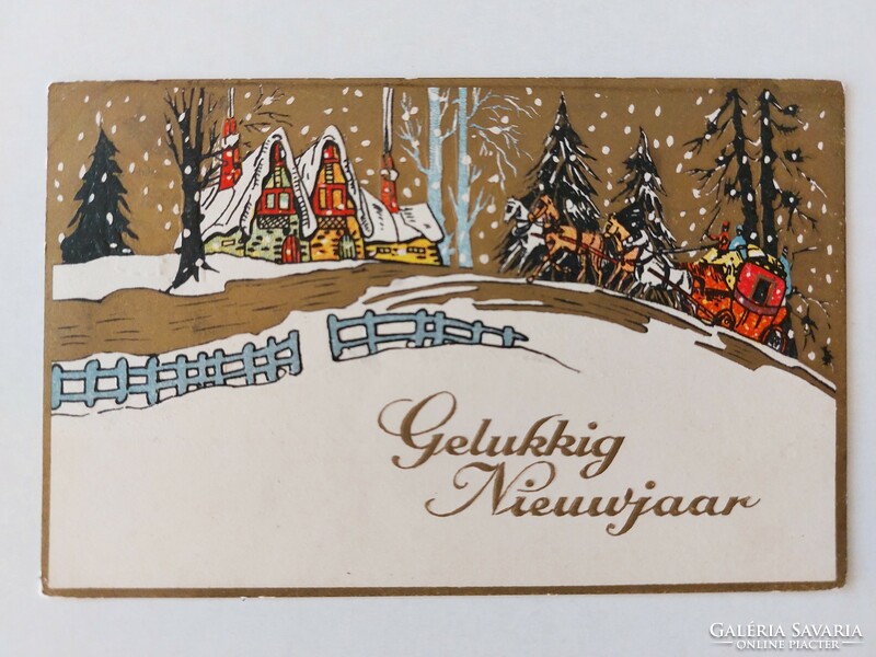 Old postcard 1933 Christmas embossed postcard horse-drawn carriage