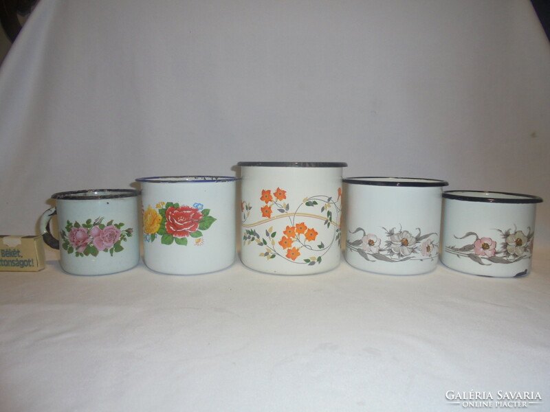 Five old, retro, floral enamel mugs - together - folk, peasant decoration