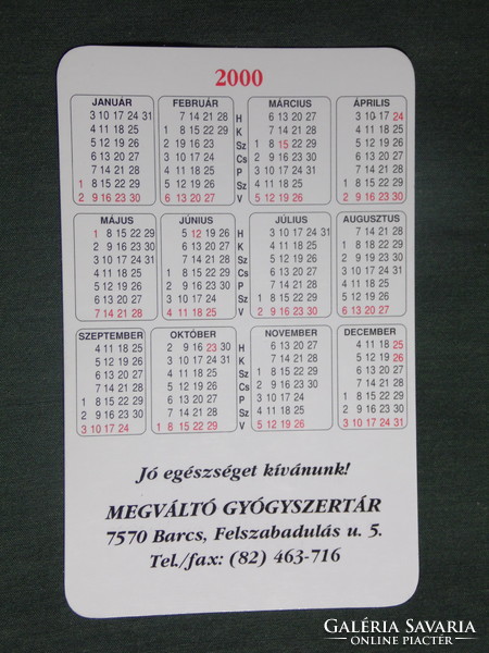 Kártyanaptár, Megváltó gyógyszertár patika,Barcs, Szent István, 2000