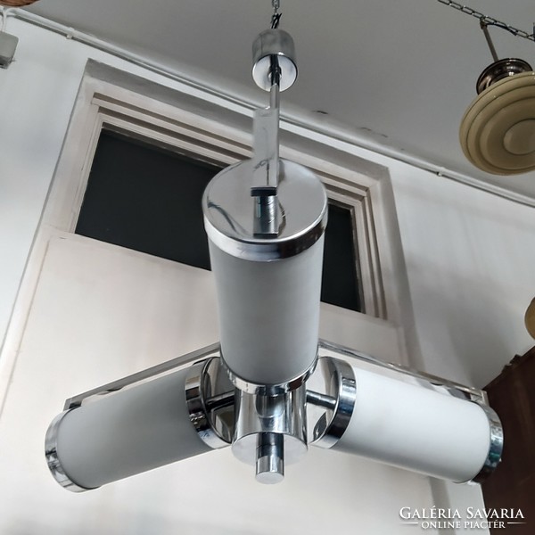 Bauhaus - art deco - streamlined 3-burner chandelier renovated - milk glass tube covers