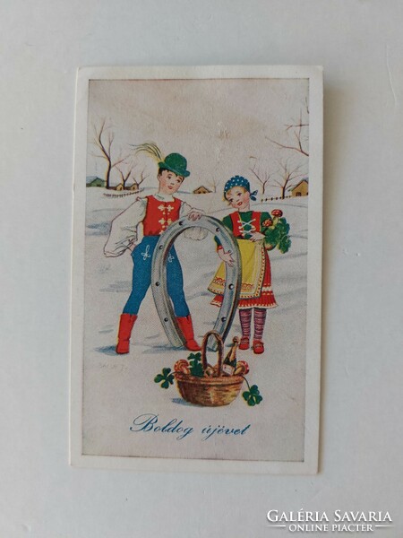 Old mini postcard New Year's greeting card children in national costume lucky horseshoe