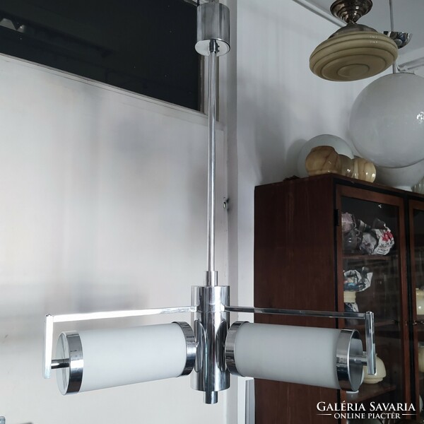 Bauhaus - art deco - streamlined 3-burner chandelier renovated - milk glass tube covers