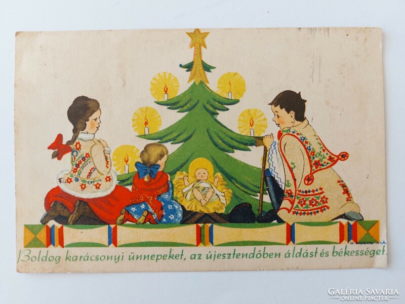 Old Christmas card 1949 h. Morvay skármá art drawing folk costume
