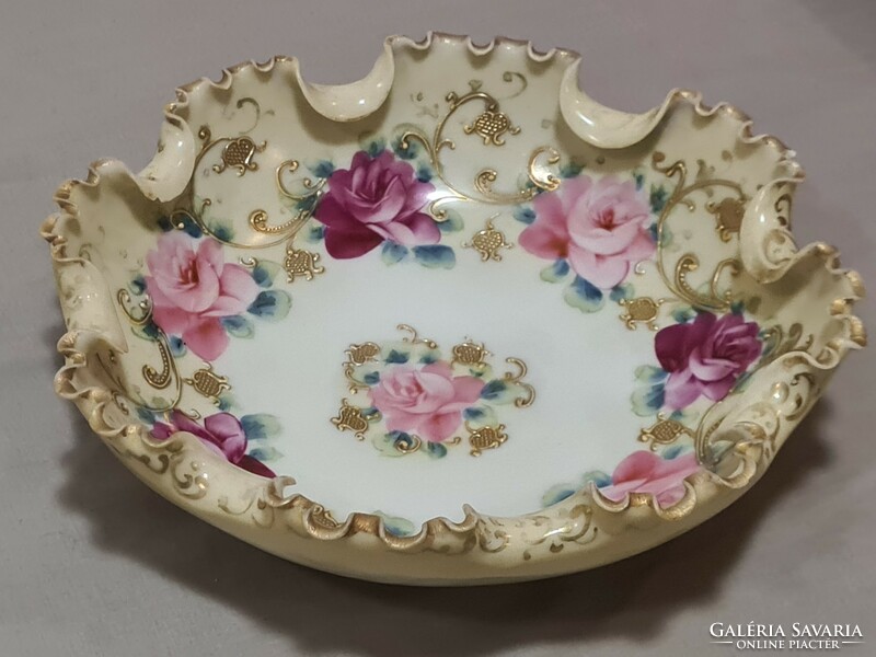 Antique, rose-gilded, hand-painted decorative milk glass bowl with ruffled edges, centerpiece.