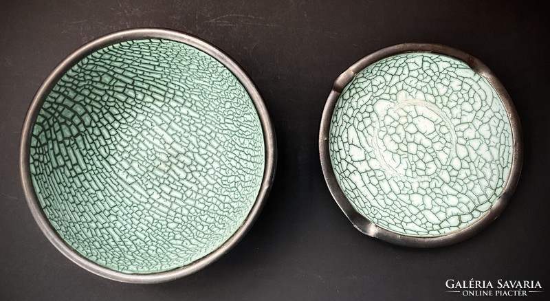 Retro showcase cracked glaze green and graphite industrial art bowl and ashtray
