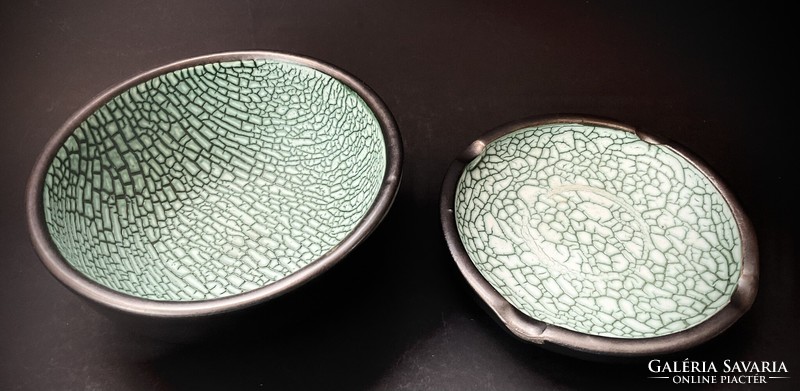 Retro showcase cracked glaze green and graphite industrial art bowl and ashtray