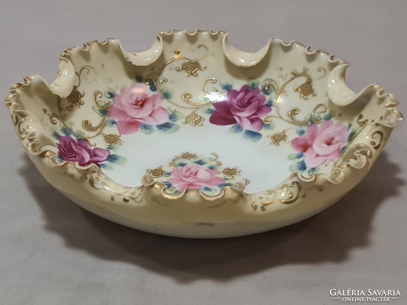 Antique, rose-gilded, hand-painted decorative milk glass bowl with ruffled edges, centerpiece.