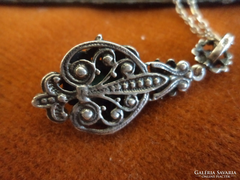 Wonderful antique silver pendant with large turquoise and garnets + beautiful silver chain