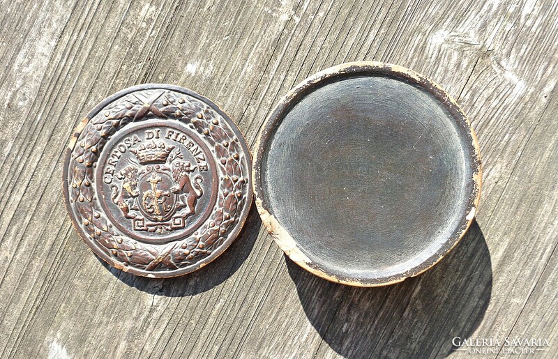 Old certosa di firenze inscription, coat of arms, decorative box