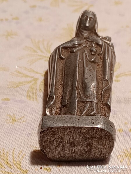 Old small aluminum statue - Saint Elizabeth with a rose and a cross