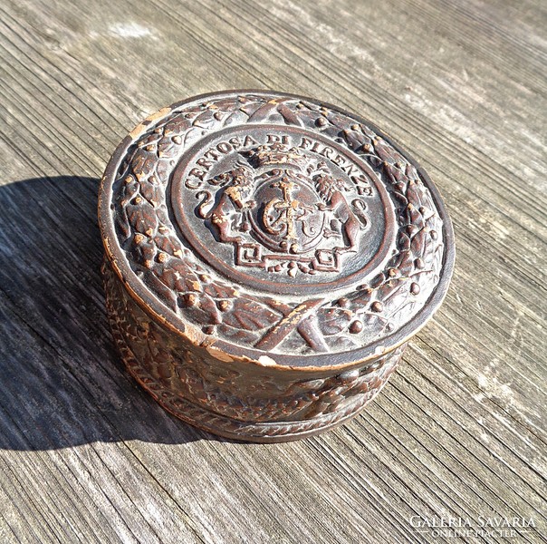 Old certosa di firenze inscription, coat of arms, decorative box