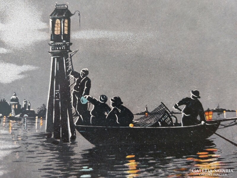 Old postcard art postcard light tower boat