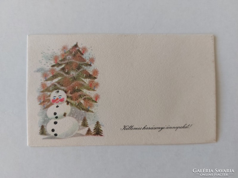 Old mini postcard Christmas greeting card snowman fir tree
