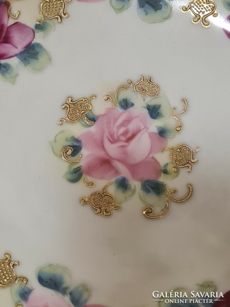Antique, rose-gilded, hand-painted decorative milk glass bowl with ruffled edges, centerpiece.