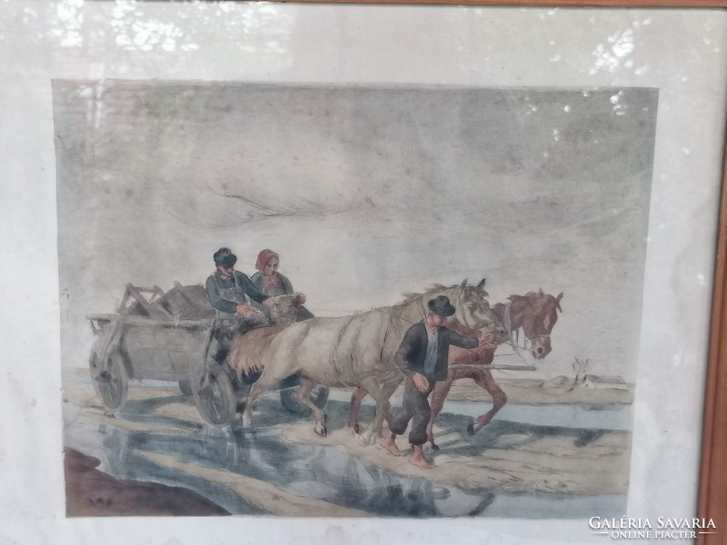 Horse-drawn carriage, color etching