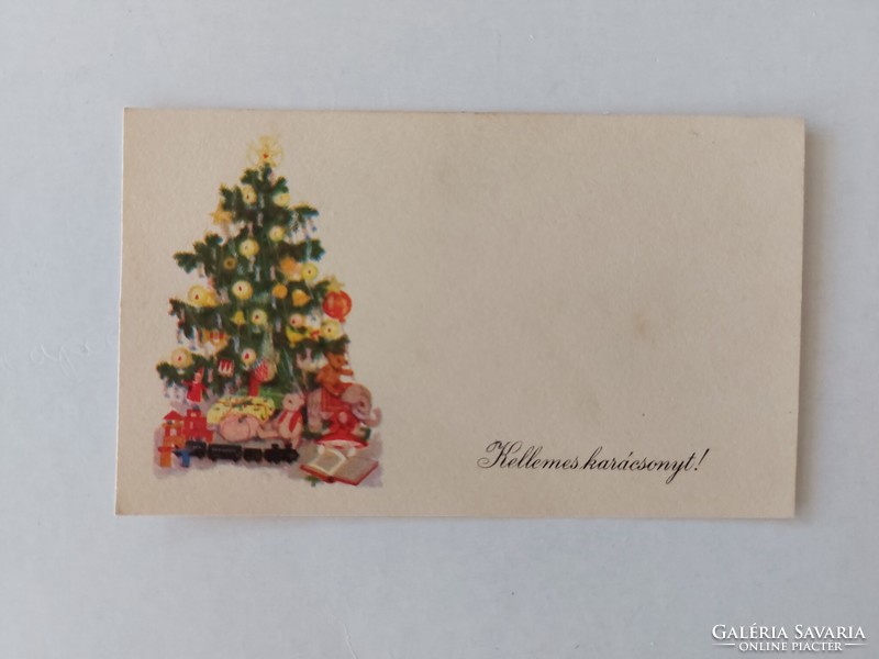 Régi mini képeslap karácsonyi üdvözlőkártya karácsonyfa játékok