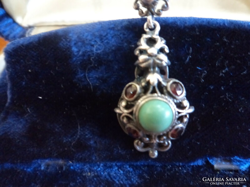 Wonderful antique silver pendant with large turquoise and garnets + beautiful silver chain