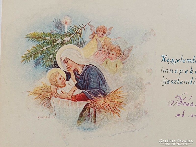 Old Christmas mini postcard 1940 greeting card Bethlehem scene 3 pcs