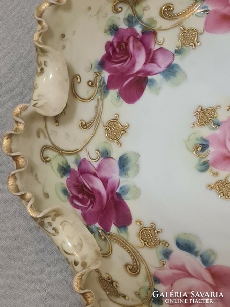 Antique, rose-gilded, hand-painted decorative milk glass bowl with ruffled edges, centerpiece.